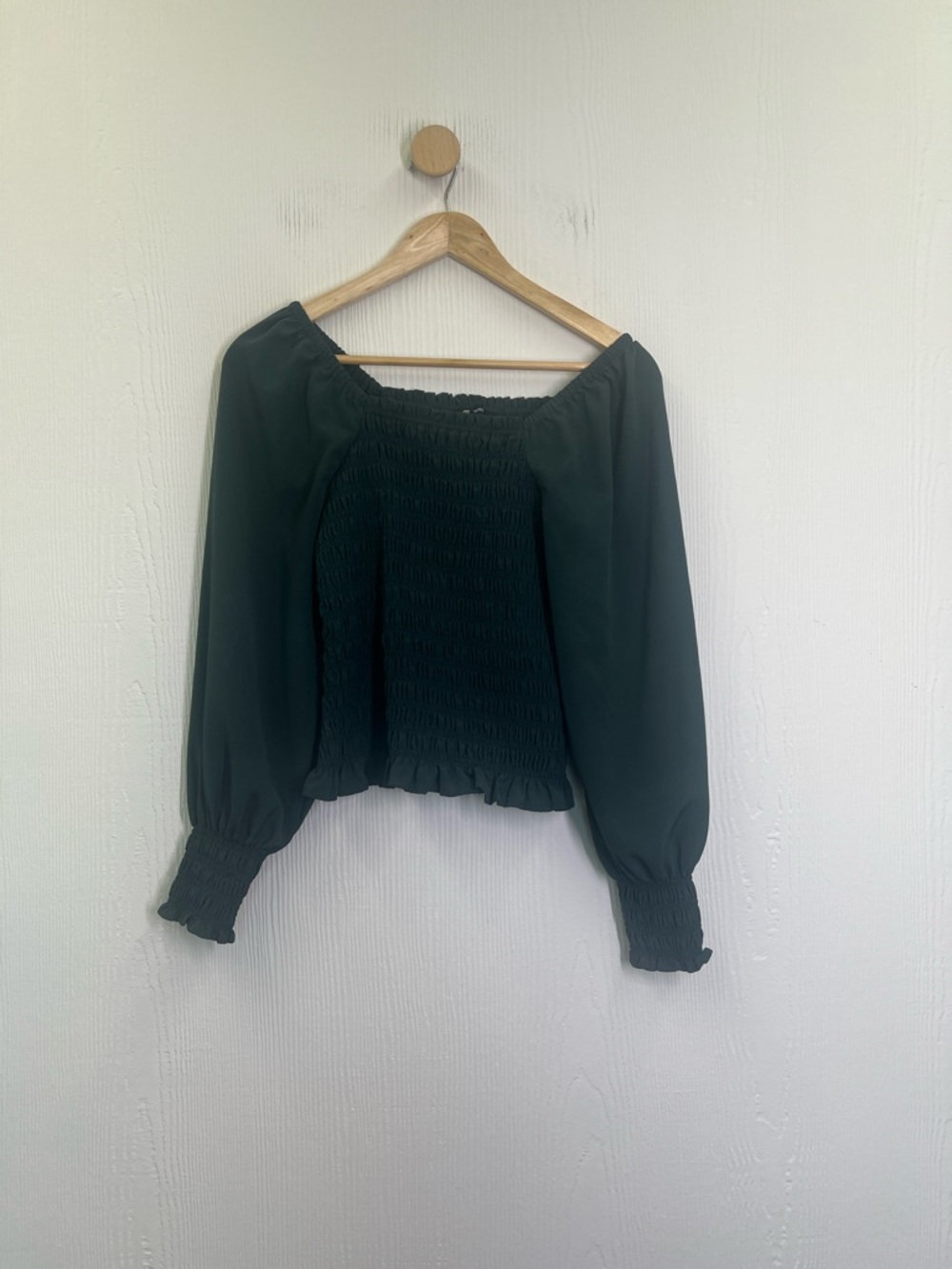 Madewell - Lucie Smocked Bubble Long Sleeve Hunter Green Blouse Size XXS - Picture 6 of 9